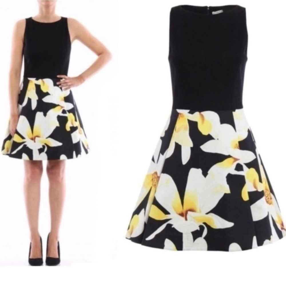ALICE + OLIVIA KOURTNEY Sleeveless Box Pleated Combo Lined Dress Black /Floral 2 - Picture 5 of 15